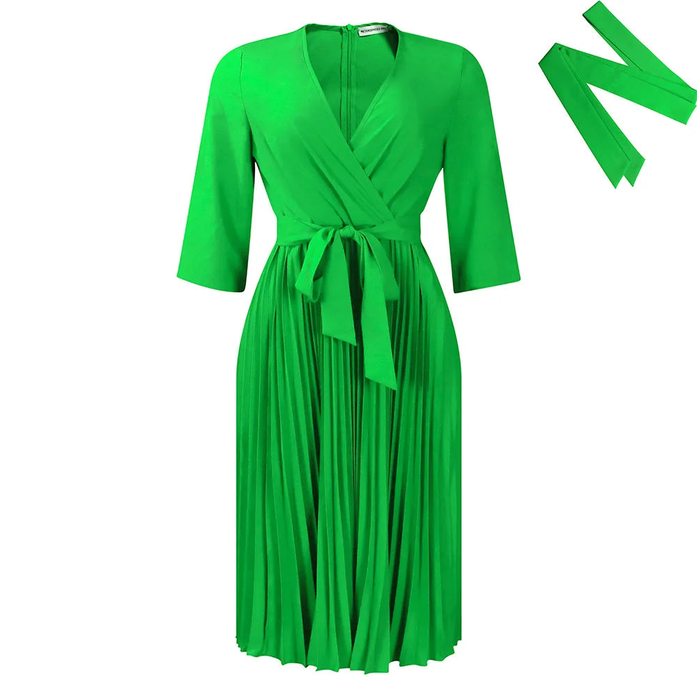 Women's Dress 2024 New Style Casual Elegant Solid Color V-neck Long Sleeve Pleated Skirt