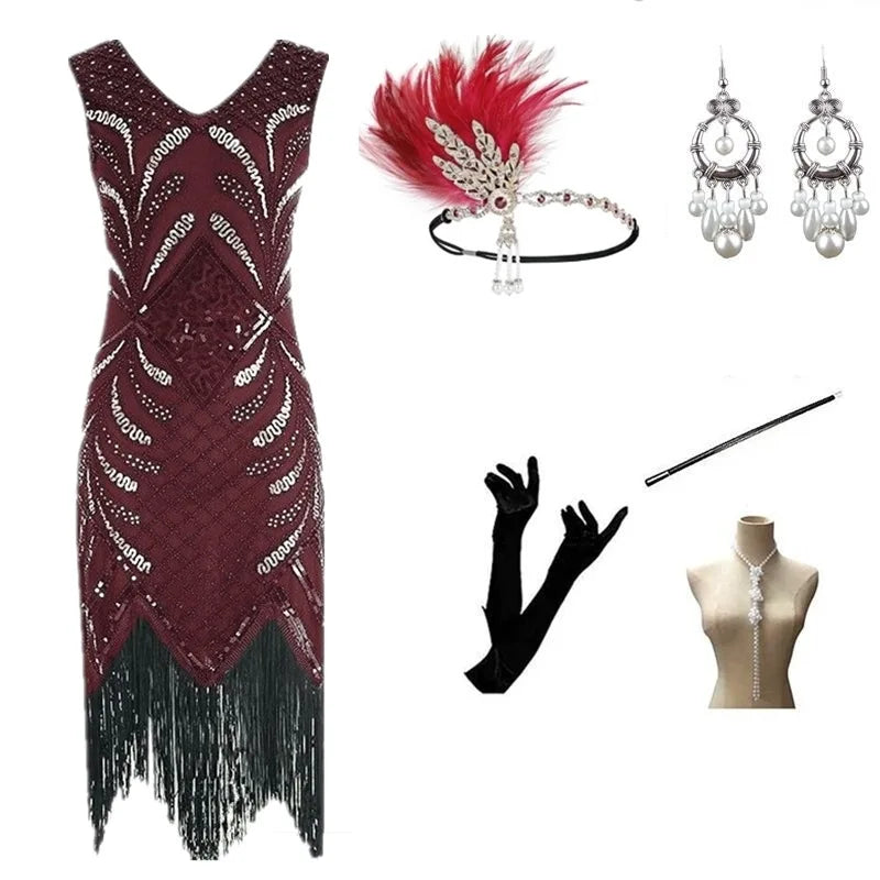 Halloween Cosplay Dress for Women 1920s Vintage Flapper Long Fringe Beaded Gatsby Party Dress With 20s Accessories Set