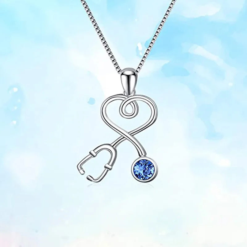 White Gold Classic Bezel Set Stethoscope Heart Pendant Blue Crystal Rhinestone Medical Professionals Unisex Jewelry Everyday