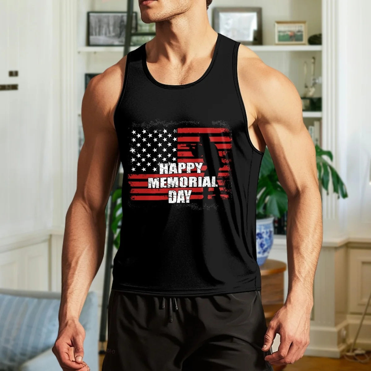 Made in USA Free Shipping MOQ1 Beach Palm Tree Element Men's Casual Vest Underlay Sleeveless Tee Gym Stretch Muscle-Showing Vest
