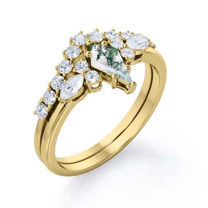 925 Sterling Silver 14K Gold Plated Luxury Certified Moss Agate Ring Classic Gemstone Engagement Wedding Promise Anniversary