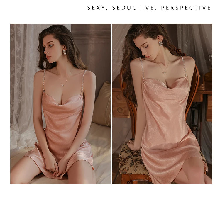 Swdplus-size Pajamas Swing Neck Sexy Backless Seductive Ice Silk Halter Nightdress Women's Home Wear