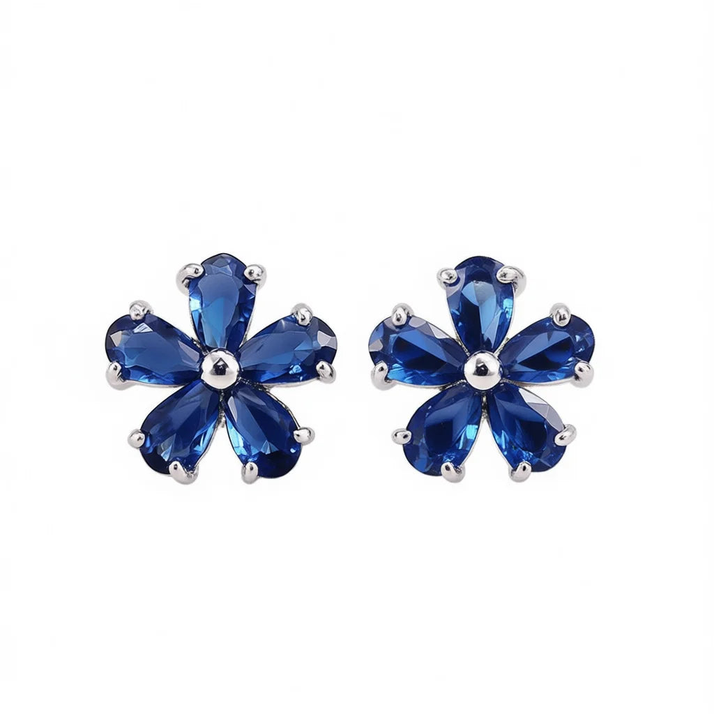 Silver Plated Blue Gemstone Flower Stud Earrings For Women Party Fashion Jewelry Alloy Earring With Claw Setting