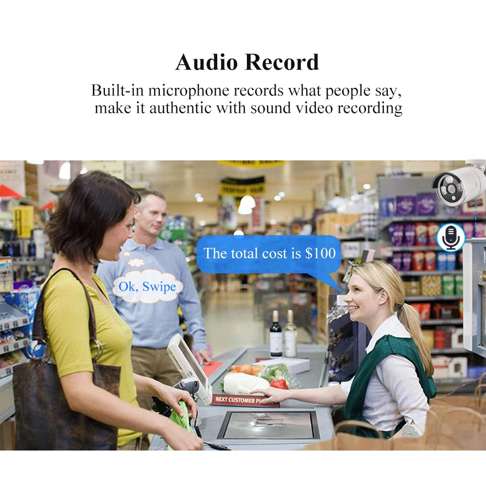 AZISHN 2.8mm Wide Angle 8MP 4K IP Camera Audio Outdoor IP66 H.265 ONVLF Bullet CCTV Array IR 4MP POE Video Surveillance Camera