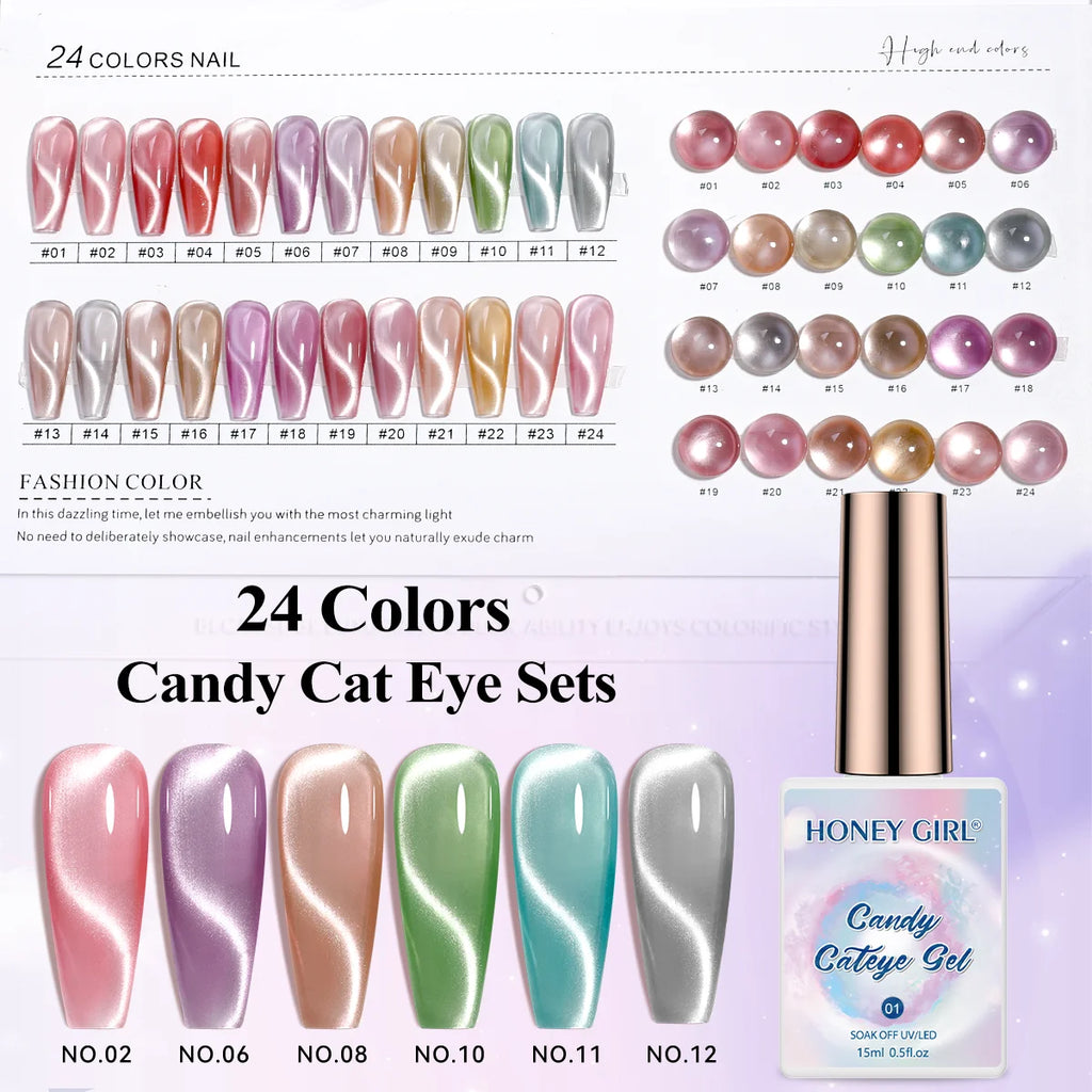 HONEY GIRL Moon Light Magnetic CatEye 24 Colors Jelly Gel Polish Set Wholesale 9d Crystal Uv Gel Nail Polish Cat Eye Gel Polish