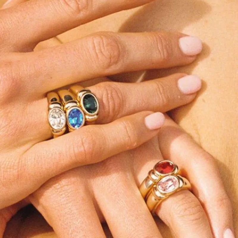 PVD 18K Gold Plated Red & Blue & Green Zircon Stainless Steel Rings for Women Gold Rings Jewelry Wholesale