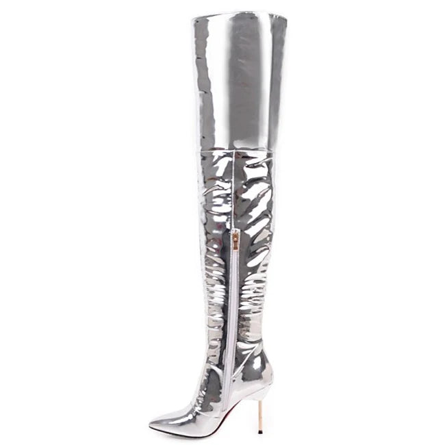 Shiny Silver Super High Thin Heel Thigh High Women Boots Over the Knee High Winter Women Stiletto Shoes Super Long Boots