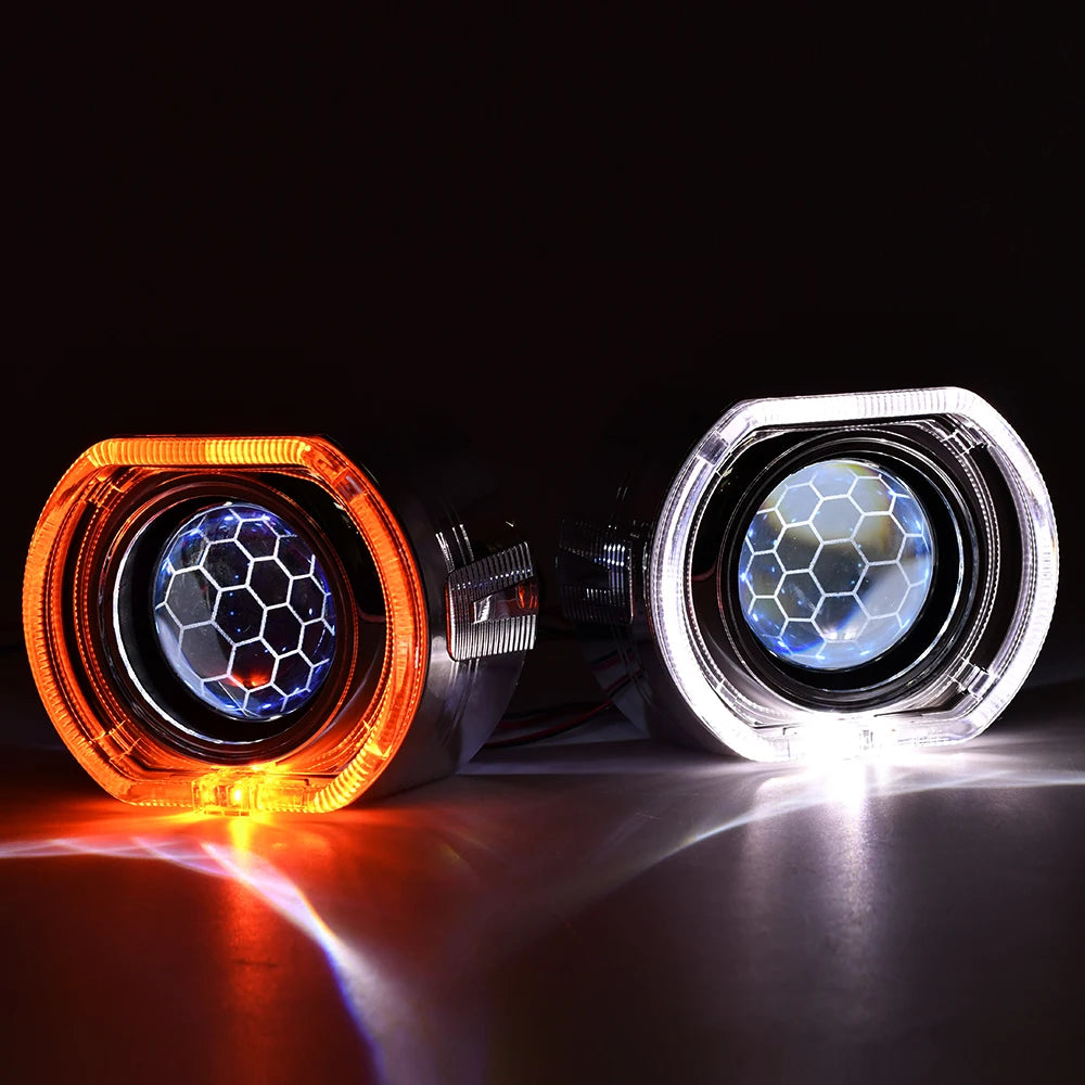 2.5 Inch Blue Coating Honeycomb Projector Lens DRL LED Angel Eyes Shrouds Fit H1 H4 H7 Car Headlamp Retrofit Accessories Styling