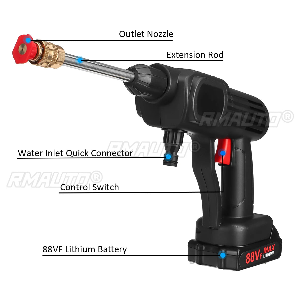 60Bar 1500W Cordless High Pressure Car Washer Rechargeable Car Wash Gun Electric Water Gun Foam Machine for Makita 18V Battery