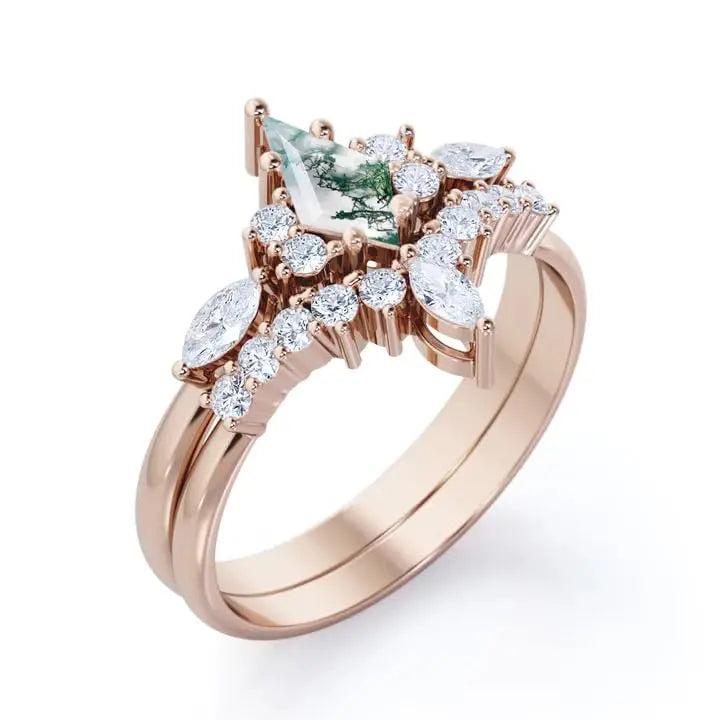 925 Sterling Silver Moss Agate Luxury Certified Wedding Ring Two Layer Geometric Statement Ring Elegant Engagement Party Gift