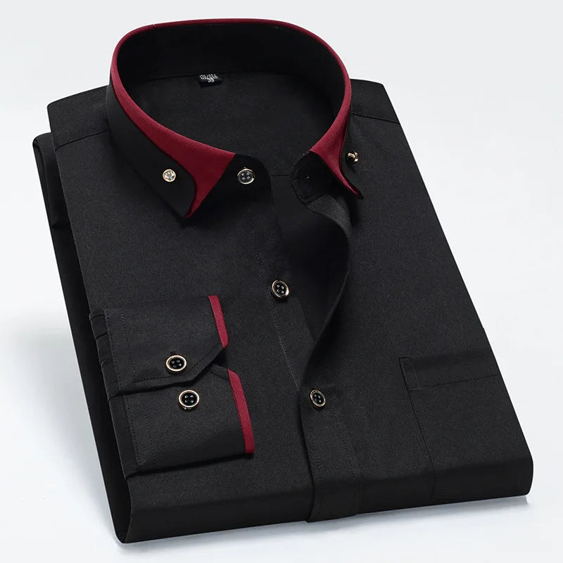 2025 New Men's Contrast Collar Elastic Long Sleeve Shirt Business Casual Comfortable Non-Ironing Shirt