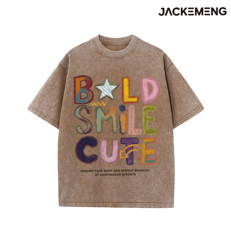 Oversized Washed Retro Colorful Streetwear Print Tshirt USA Stock Wholesale Y2K Casual Tee