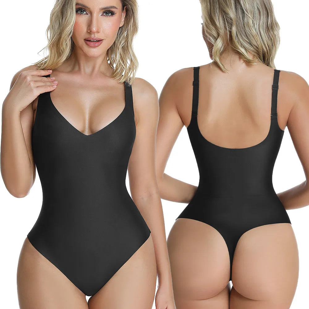 DropShip Tiktok Hot Selling Invisible Unlined Sculpt Thong Bodysuit Shapewear Snatch Waist Tummy Control Sexy V Neck Body Shaper