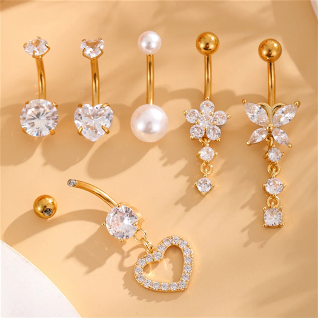 Set of 6 Gold-Plated Stainless Steel Belly Button Rings Fashion Jewelry with Pearl Heart & Hypoallergenic CZ Surgical Piercings