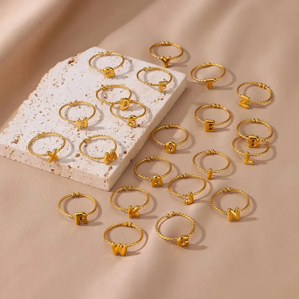 Waterproof 18K Gold Plated Stainless Steel Jewelry Open Adjustable Ring A-Z 26 English Letters Finger Rings for Women Ring