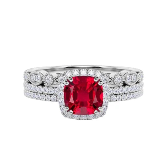 14K Gold 925 Sterling Silver Lab Created Ruby Cushion Cut Classic Engagement Wedding Ring Diamond Halo Gemstone 1.50 Carat