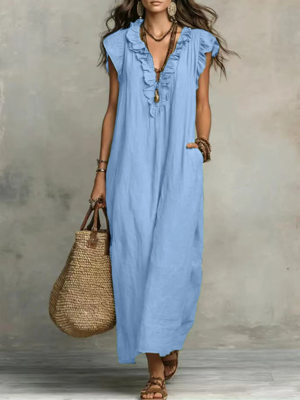Bohemian Style Ruffle Trim Maxi Dress Women Casual Loose Summer Linen Dress
