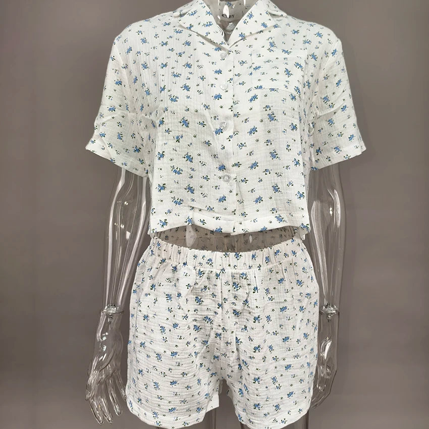 QINSI Sexy Summer Sleepwear Short Sleeves Sets 2 Pieces Pajamas for Women Floral Print Pj Cotton Pyjamas Set for Women