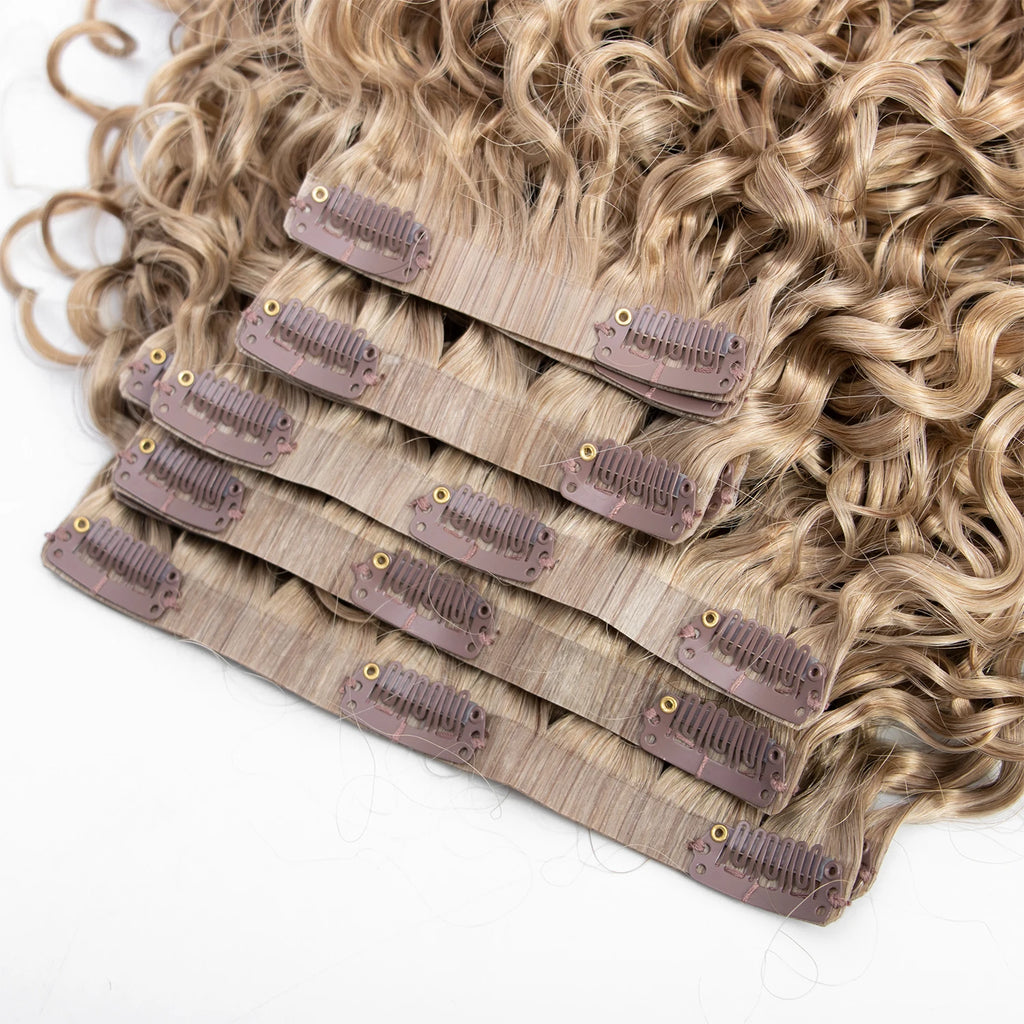 Burmese Raw Curly Hair P4-16-27 Seamless Clip in 100% Raw Cuticle Aligend Invisible Seamless Clip Ins Human Hair