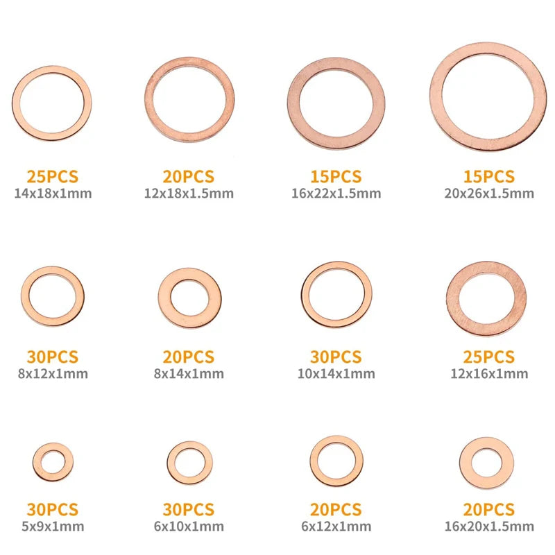 280pcs Copper Washers Copper Sealing Washer 12 Sizes Assorted Solid Copper Crush Washers Seal Flat Ring Set with Case