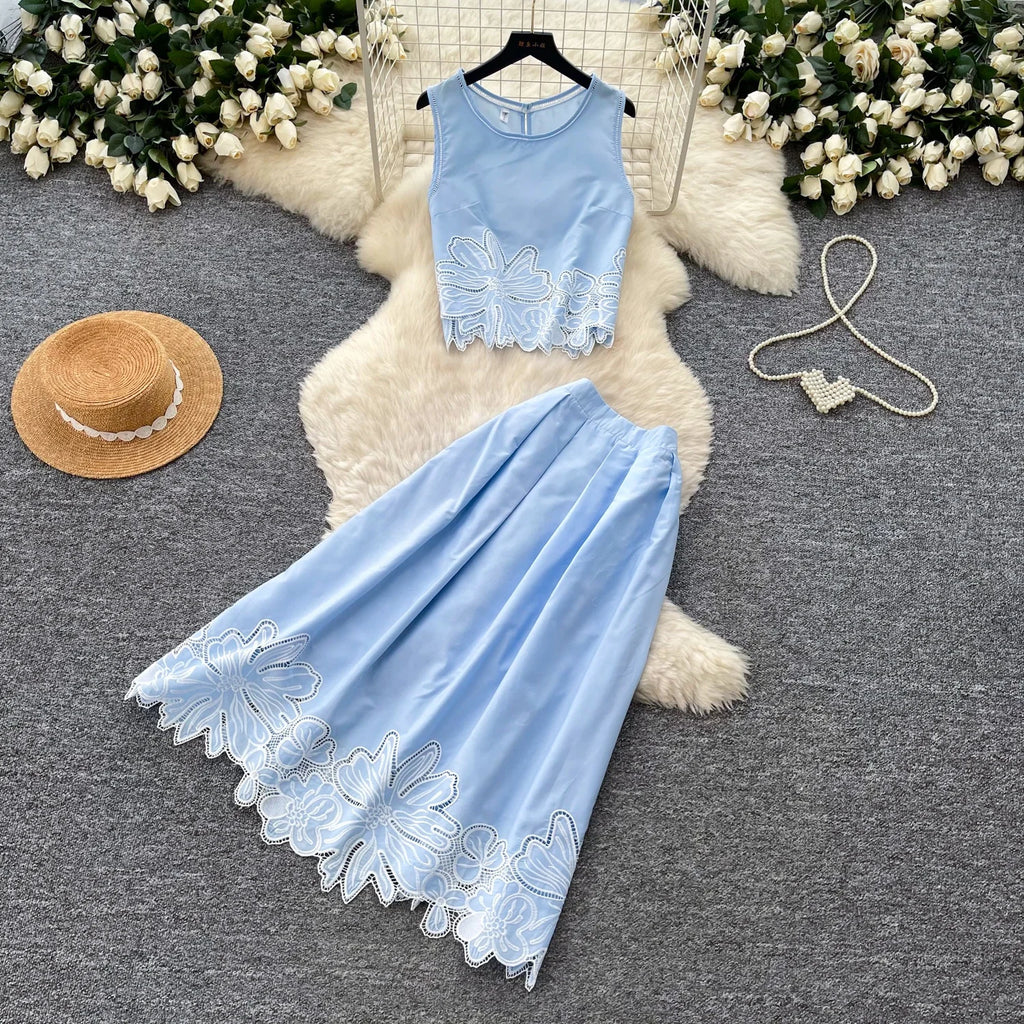 2026 Summer New Fashionable Embroidered Jacquard Vest High Waist Pleated Skirt Women's Set