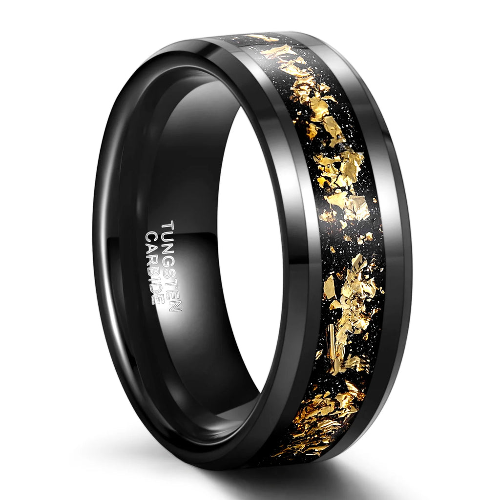OAHLAN 8mm Beveled Edge Tungsten Carbide Rings for Men Women Black and Gold Foils Inlay Wedding Engagement Gift Fashion Jewelry