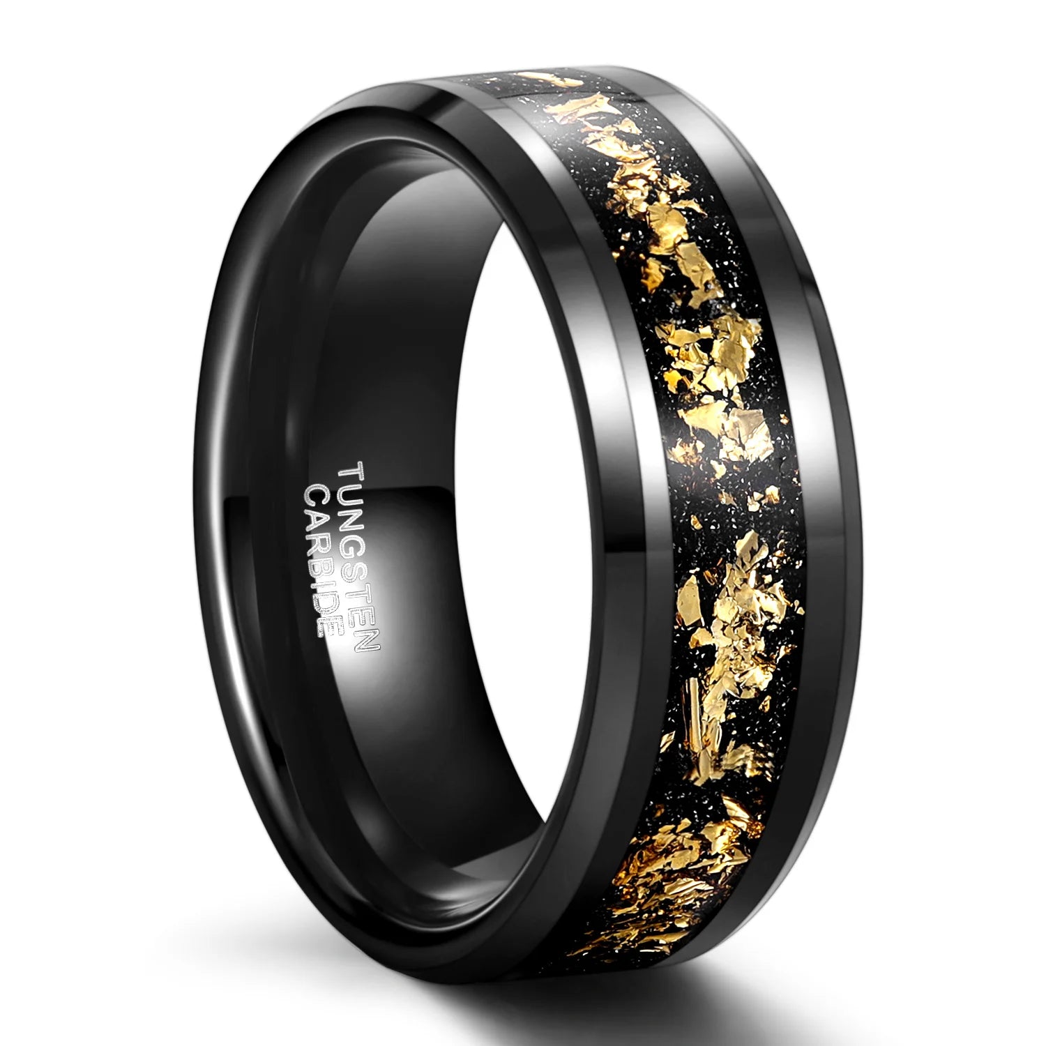 OAHLAN 8mm Beveled Edge Tungsten Carbide Rings for Men Women Black and Gold Foils Inlay Wedding Engagement Gift Fashion Jewelry