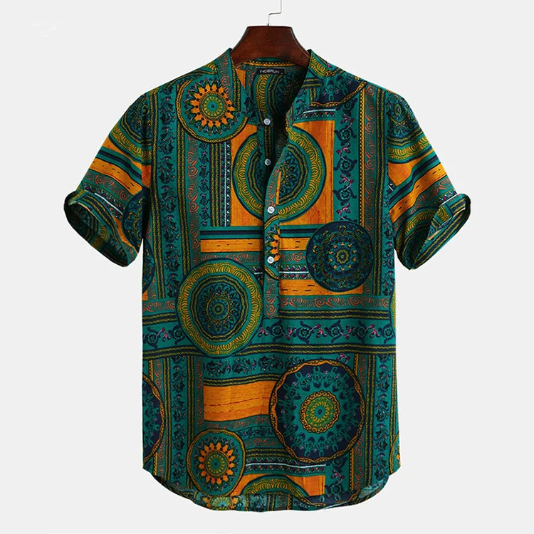 New Cotton Mens Shirt Ethnic Print Vintage Short Sleeve Streetwear Tops Tess Loose Male Beachwear Holiday Hawaiian Shirts