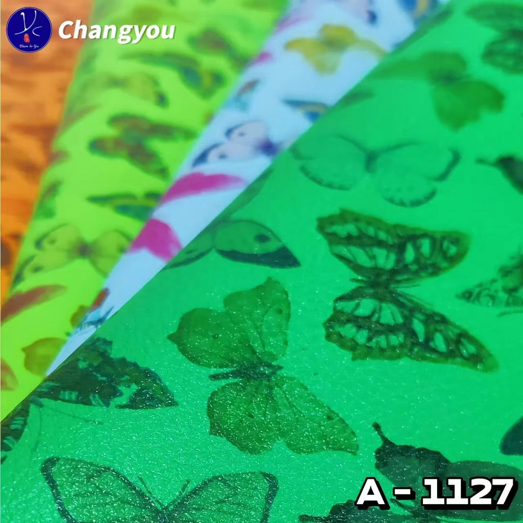 A-1127 PU Synthetic Leather Glitter Effect Butterflies Design Durable Fabric for Fashion Bags Shoes Sofas Outdoor Garment Use