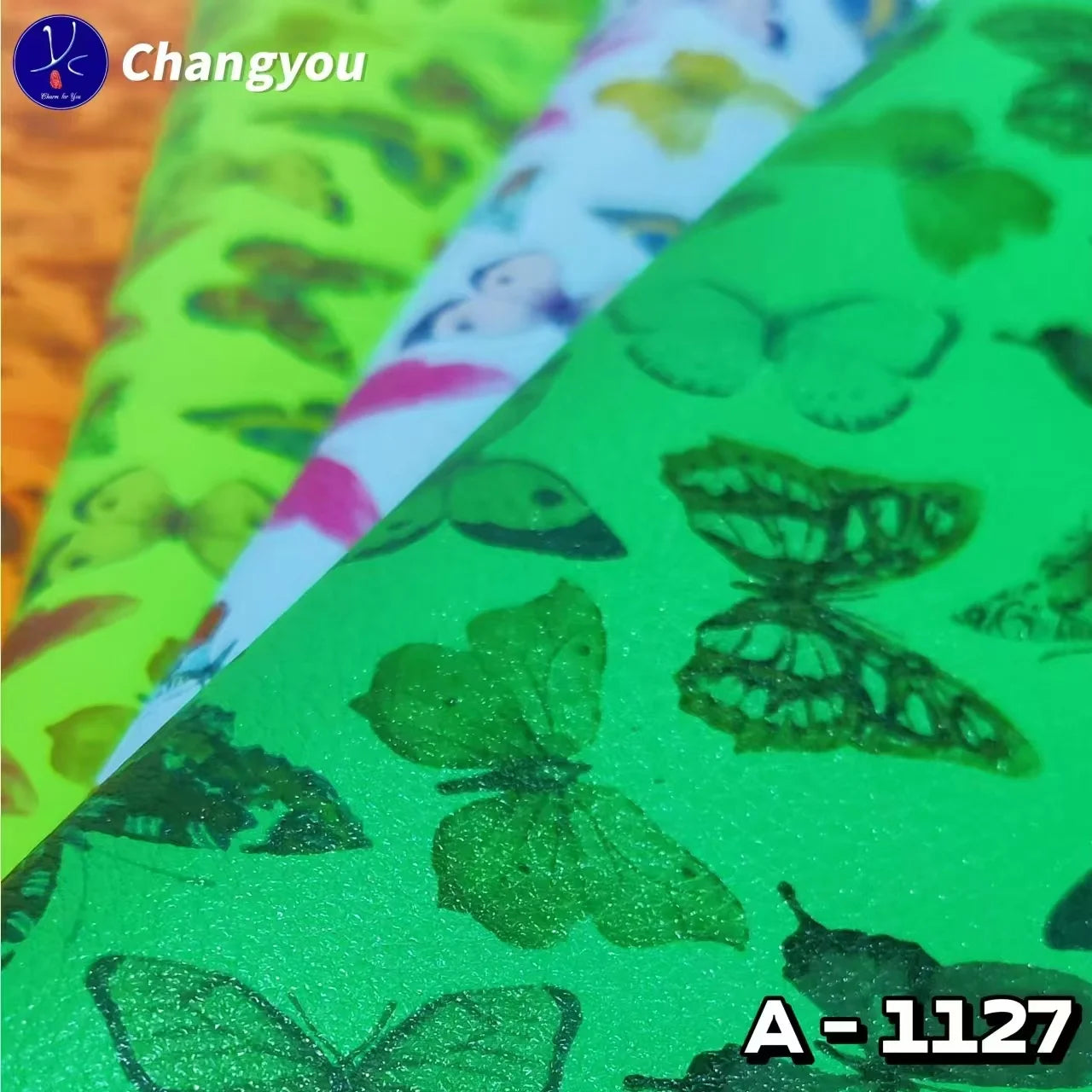A-1127 PU Synthetic Leather Glitter Effect Butterflies Design Durable Fabric for Fashion Bags Shoes Sofas Outdoor Garment Use