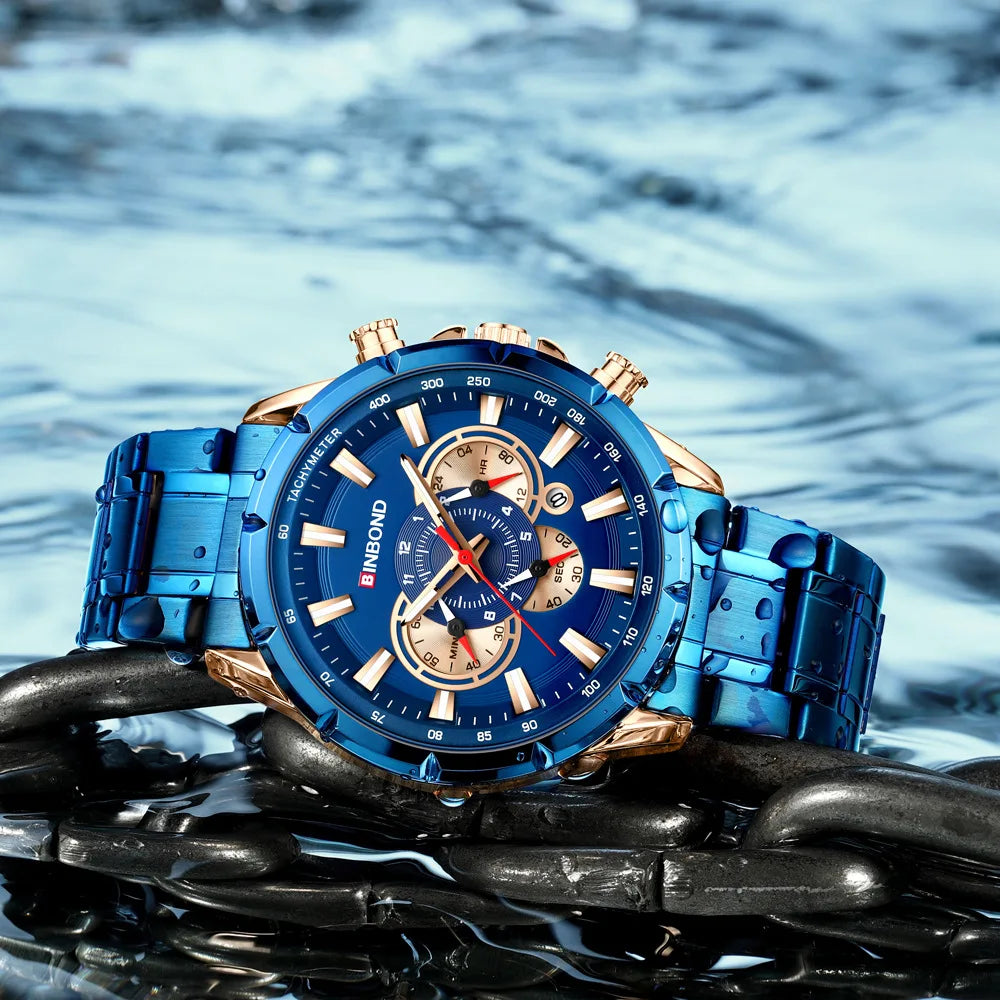 BINBOND B6395 6395 Stainless Steel Watches Men's Quartz Wristwatch Chronograph Sports Luminous Fashion Casual Pointers Men Watch
