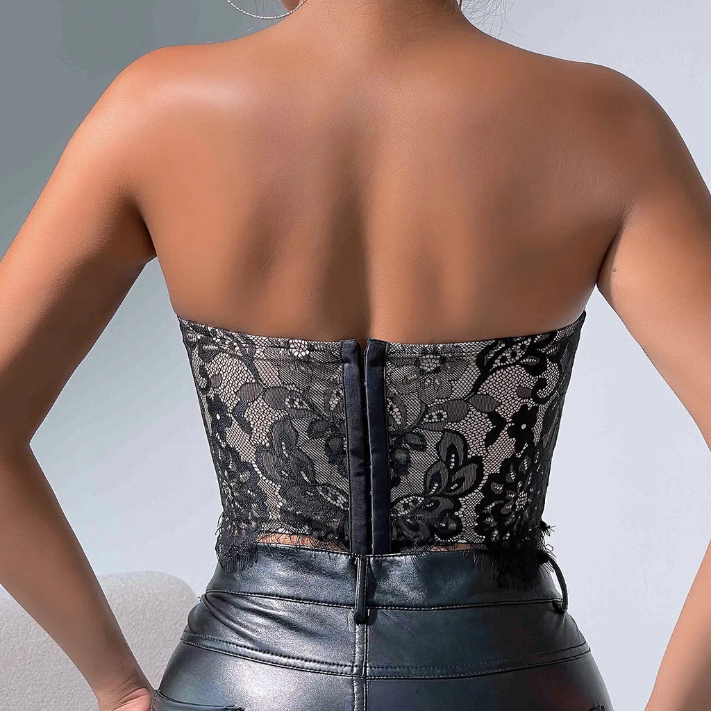 XS-L   European and American Women's Tops Sexy Lace Border Flower High-end Interior Strapless Vest