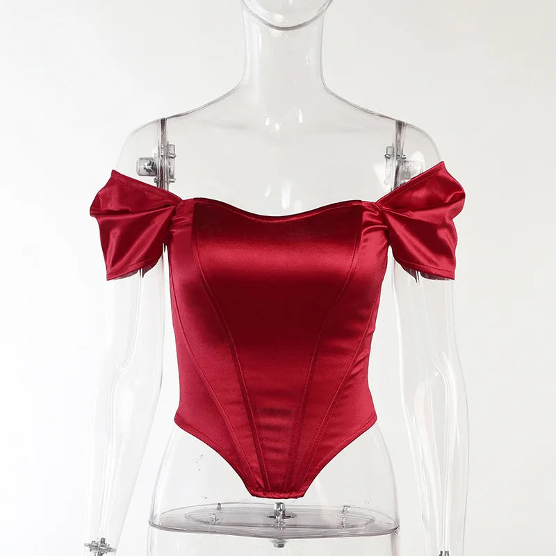 Women Summer Satin Vest Tops Female Off Shoulder Slim Tops Fishbone Corset Waistband Europe New Fashion Sexy T-shirt Tops Vest