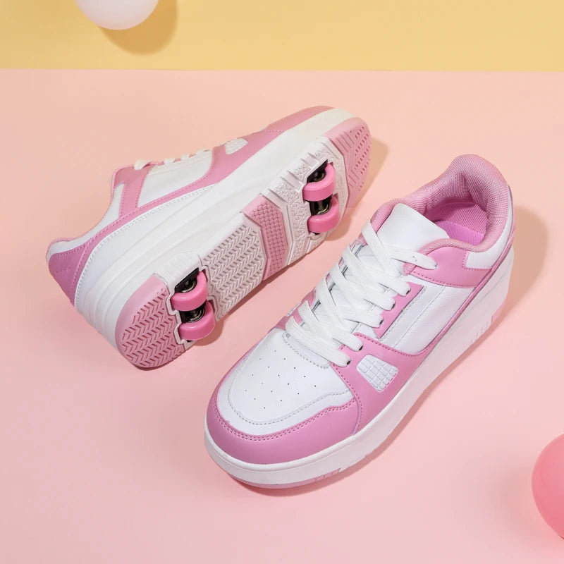 High Quality Four-Wheel Rampage Leather Sports Shoes for Boys and Girls Explosive Sneakers with TPR Sole for Roller Skating