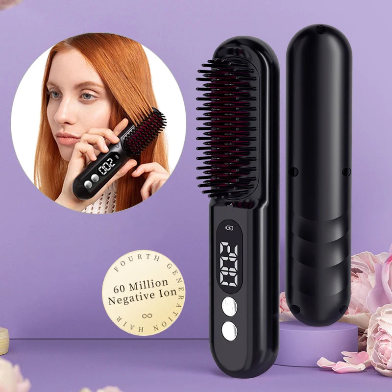 Portable Electric Hair Brushes USB Rechargeable Wireless Negative Ion Hot Comb Electric Mini Hair Straightener Comb for Women