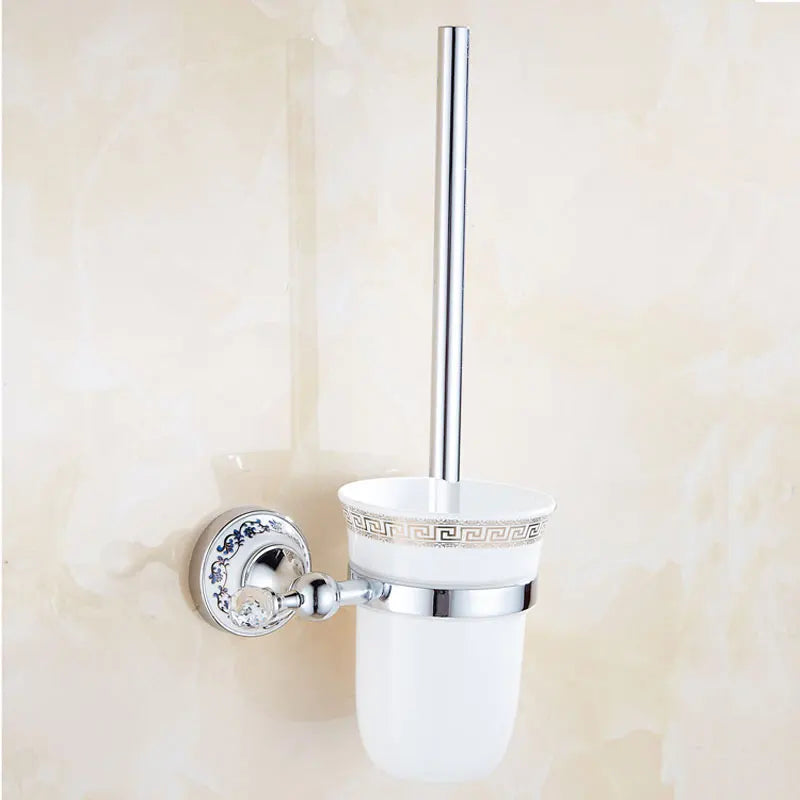 European Antique Blue and White Porcelain Chrome Finish Bathroom Hardware Set Silver&Crystal Towel Rack Bar Hook Basket Rack 5