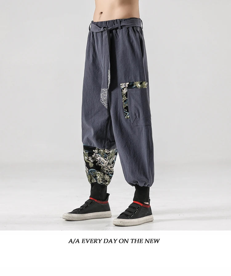 2024 Autumn Men Linen Harem Pants Mens Vintage Chinese Style Cotton Trousers Man Streetwear Pants Male Print Cross Crotch Pants