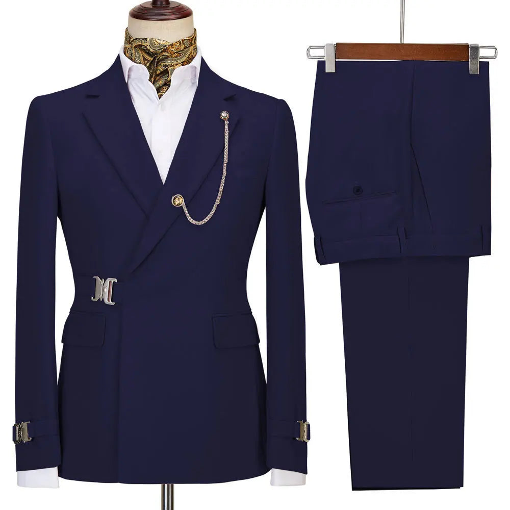 XS-5XL Men's Autumn and Winter Personalized Buckle Design Suit Fashion Business Casual Suit Set Two Piece