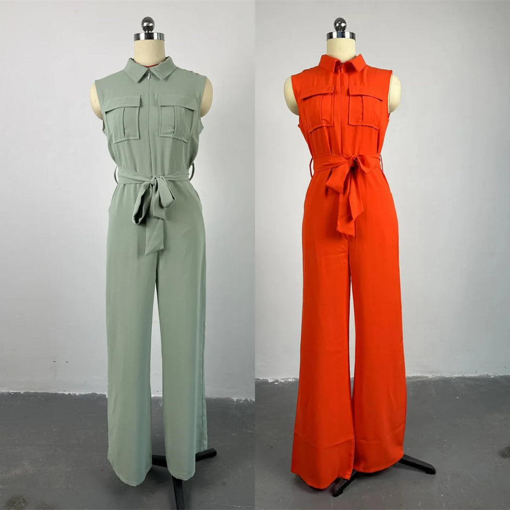 HK7041Fashion Women Jumpsuit Lady Elegant Solid Color Lapel Collar Pocket Sleeveless Lace up Waist Wide Leg Jumpsuit for Women