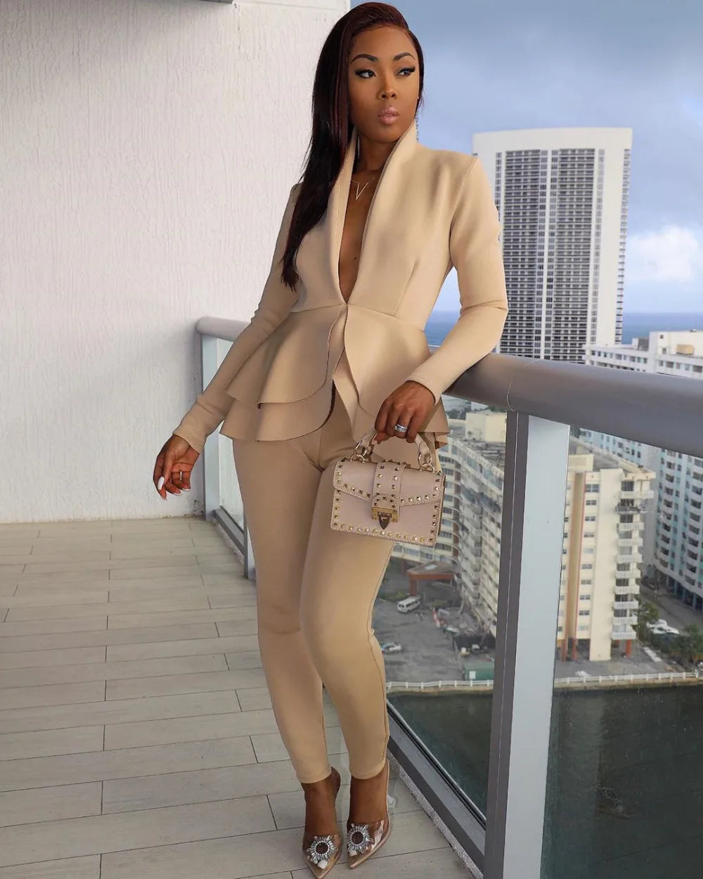 New 2025 Women Long Sleeve Solid Ruffles Design Top & Skinny Pencil Pant Sets Two Piece Set Women Outfits