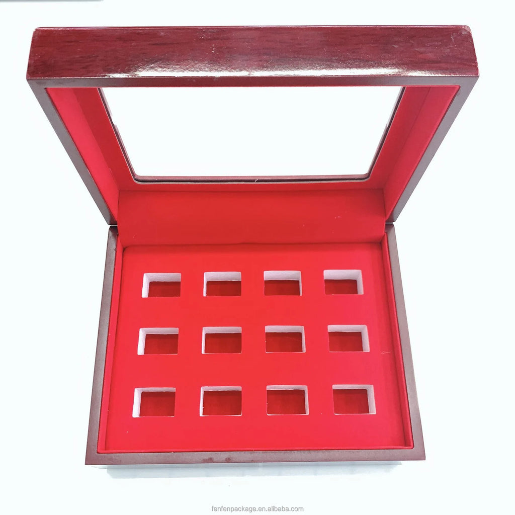Wooden Trapezoid Display Case for Championship Rings Angled Multi-Slot Organizer for Basketball, Football Game Souvenir Rings
