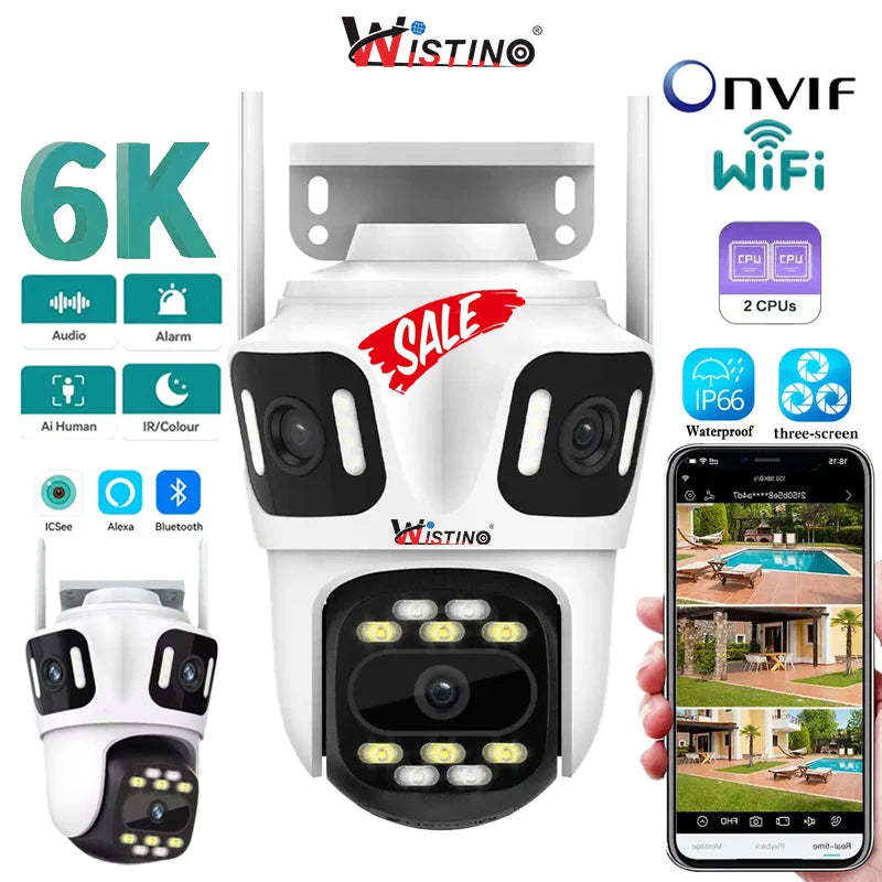 Wistino P2P ICSEE Three Lens Three Screen Wifi PTZ Camera 6K HD Outdoor IP Camera Auto Tracking Video Security Cameras Wifi