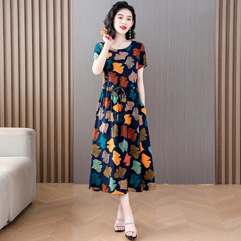 Women Floral Printed Summer Dresses O-neck Short Sleeve Fashion Printing Women's Simple Flower A-line Casual Dress