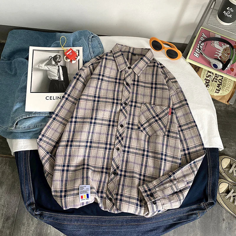 Men Shirt Plaid Flannel Long Sleeve Plus Size Loose Hip Hop Street Mens Casual Shirt Oversized Male Soft Dress Shirt Dropshippig