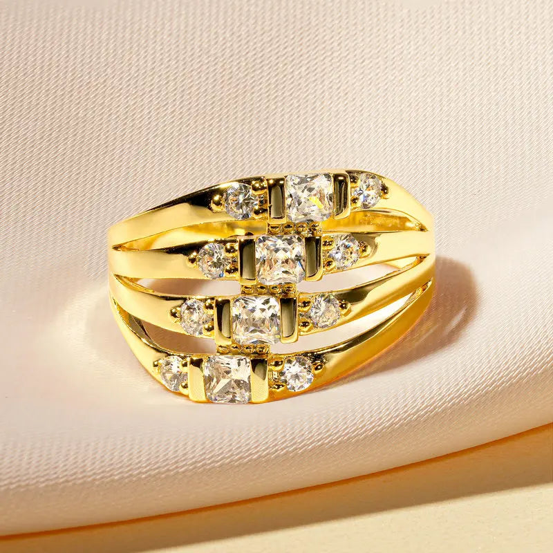 Wholesale New Trendy Ring 14K Gold Filled Zircon Rings Fashion Jewelry Four Rows Laminated Unisex Engagement Gift Party Wedding