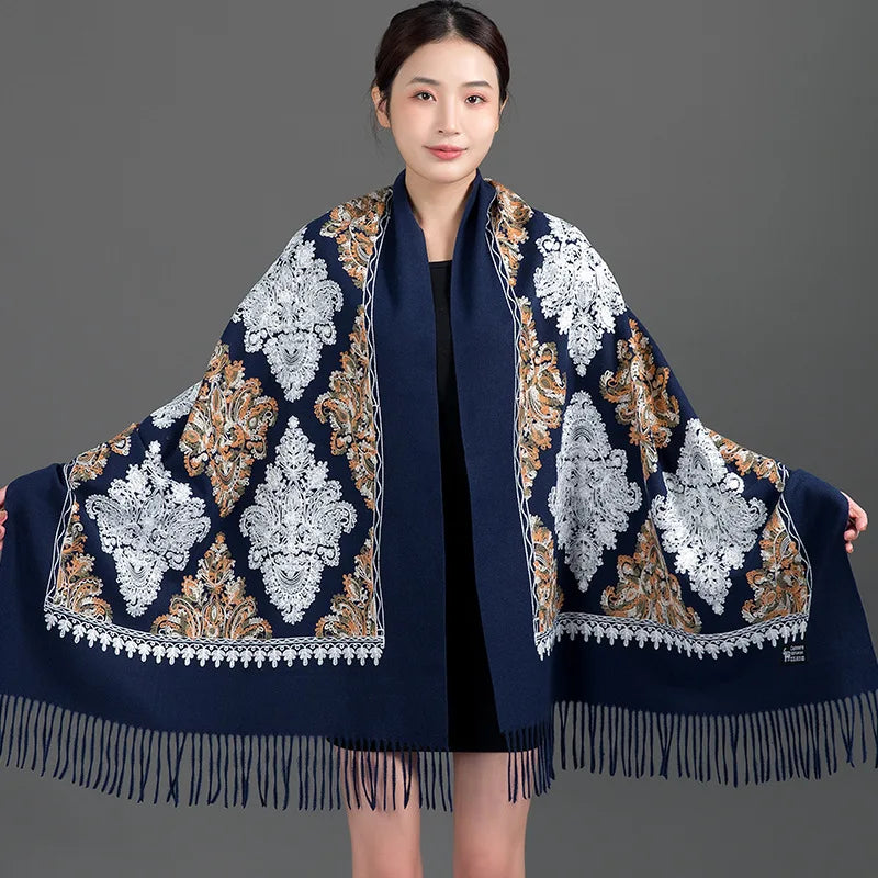Women's Thick Warm Cashmere Winter Poncho Scarf Long Shawl Delicate Embroidery Wholesale Traditional Scarves Shawls Supplier