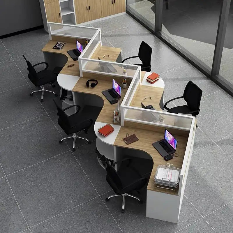 Modern Wooden Modular 4-Person Office Work Desk with Baffles for Tech Company Workstations