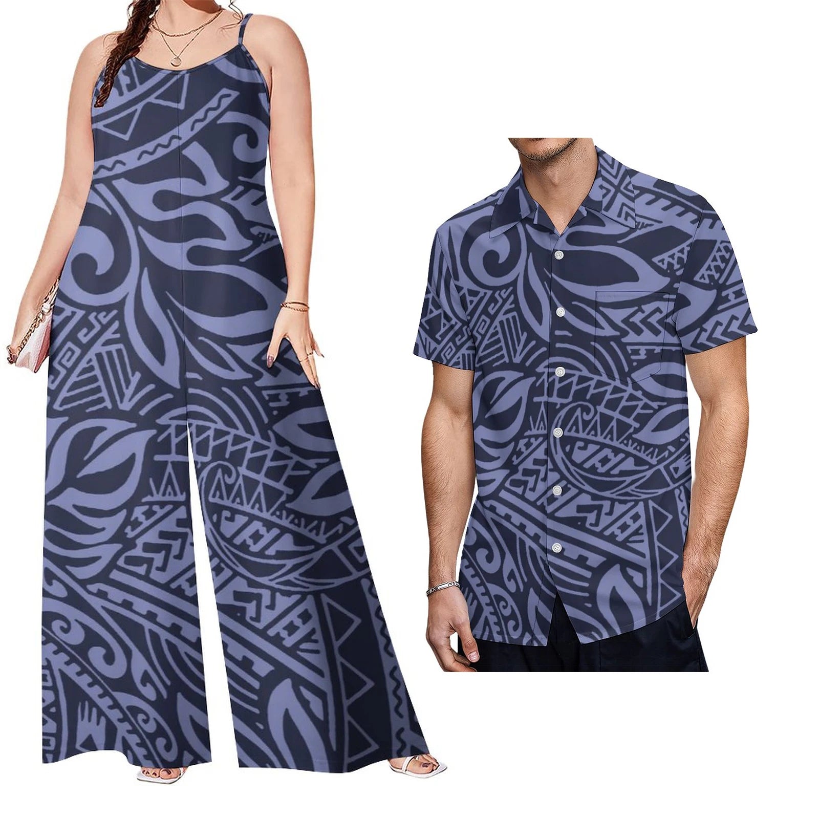 Custom on Demand Set of Couples Hawaiian Tropical Floral Big Size Shirt and Casual Women Halter Rompers Polynesian Couple Suit