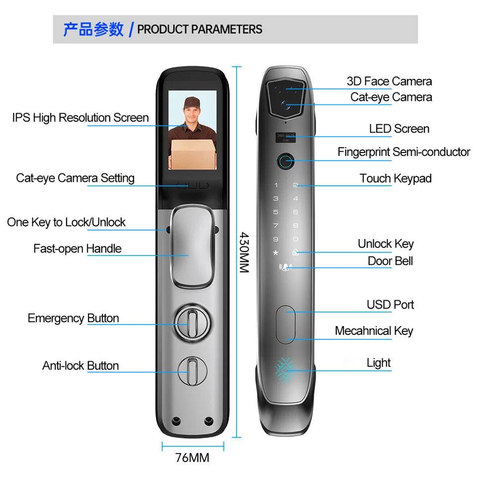 USmart GO APP Control Rechargeable Battery Zinc Alloy Smart Fingerprint Door Lock 3D Face Recognition Camera Cloud Storage Wood