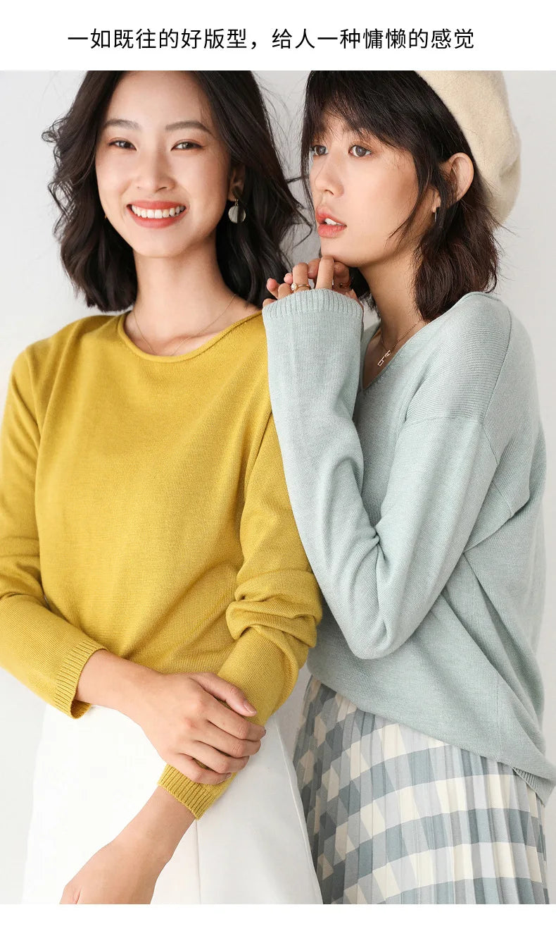 2025 Spring Autumn Womens Sweater Solid Knitwear Korean Loose Female Basic Casual Jumpers Stretch Pullover Sky Blue Pink Sweater